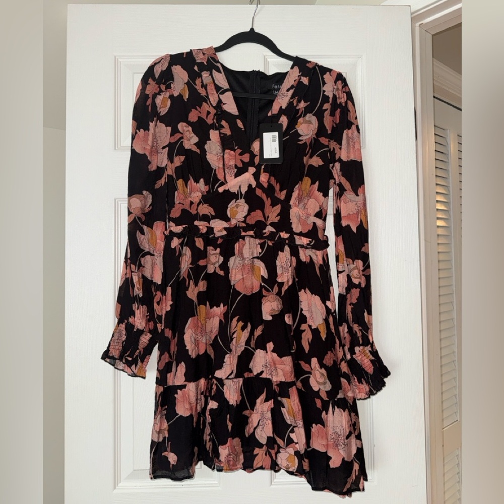 Fate Black Long Sleeve Floral Mini Dress with Pink Flowers